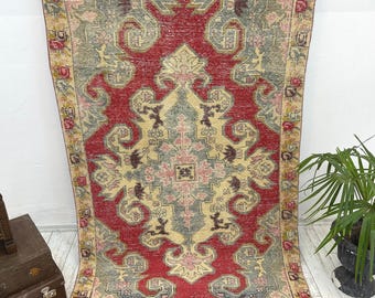 Turkish Rug, Vintage Rug, 4.3x6.9 ft, Oushak Rug, Area Rug, Faded Rug, Muted Rug, Living Room Rug, Handmade Rug, Antique Rug, Red Area Rug