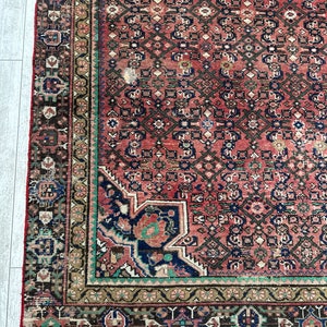 May include: A vintage Persian rug with a red background and intricate geometric patterns in shades of blue, green, and brown. The rug has a fringed border.
