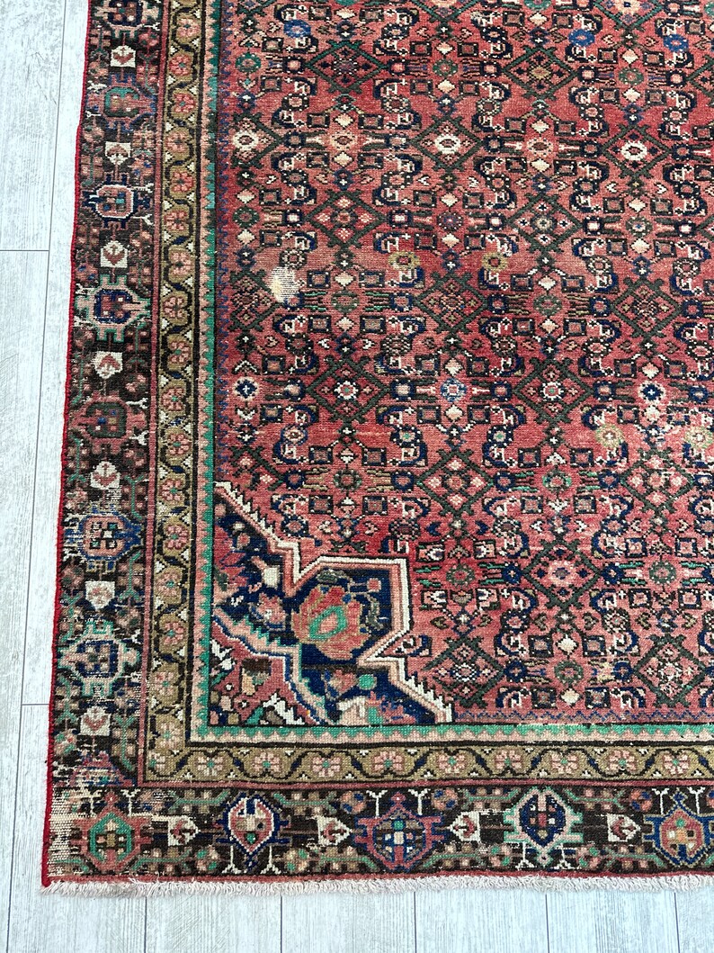 May include: A vintage Persian rug with a red background and intricate geometric patterns in shades of blue, green, and brown. The rug has a fringed border.