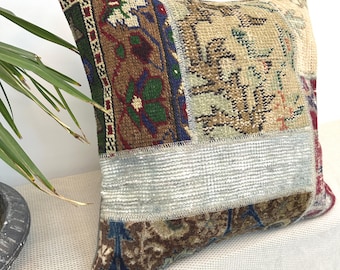 Vintage Turkish Carpet Pillow 20x20 • Naturally Dyed Wool • Artisan Made • Textured Rustic Decor
