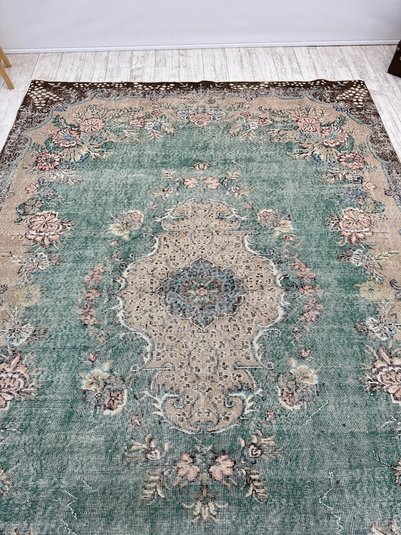 Oversized vintage Turks tapijt – handgeweven wollen tapijt, groot boho-tapijt voor woonkamer, slaapkamer of eetkamer, 7,1 x 9,9 ft afbeelding 7