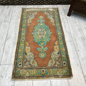 Minitapijt, deurmat, klein Oushak-tapijt, vintage tapijt, Anatolisch tapijt, Turks minitapijt, handgemaakt wollen tapijt, klein vloerkleed, natuurlijk tapijt, 1,9 x 3,5 ft.