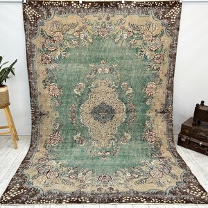 Oversized vintage Turks tapijt – handgeweven wollen tapijt, groot boho-tapijt voor woonkamer, slaapkamer of eetkamer, 7,1 x 9,9 ft afbeelding 1