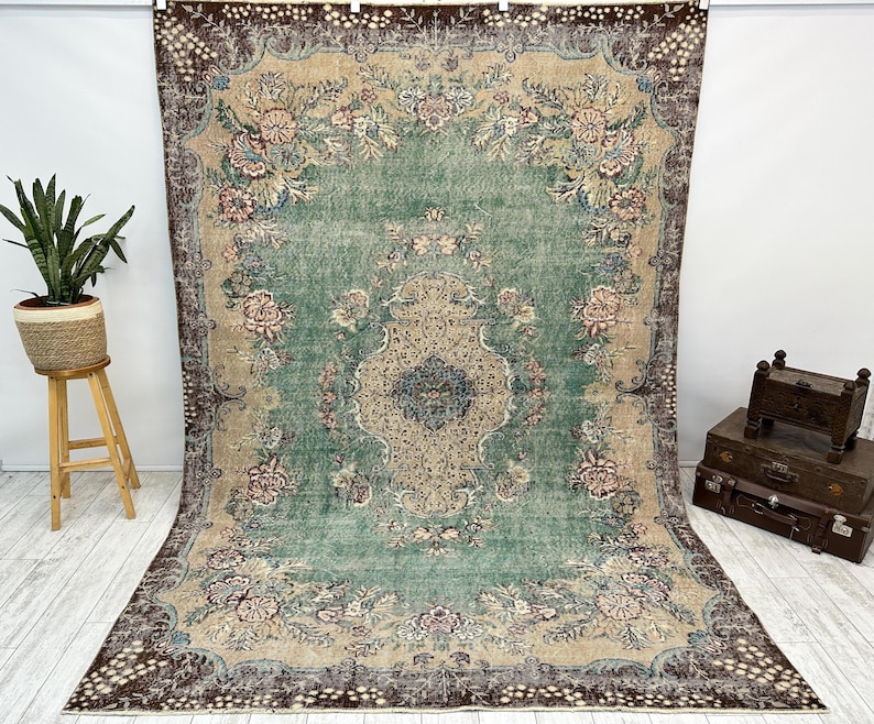 Oversized vintage Turks tapijt – handgeweven wollen tapijt, groot boho-tapijt voor woonkamer, slaapkamer of eetkamer, 7,1 x 9,9 ft afbeelding 1