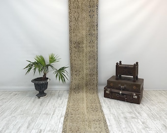 Extra Long Vintage Runner, Distressed Turkish Oushak Rug, Muted Beige Carpet, Rustic Farmhouse Hallway Decor, 1.9x8.4 ft