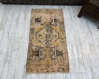 Türkischer Mini-Teppich, kleiner Vintage-Teppich, kleiner Oushak-Teppich, verblasster Teppich, Küchenmatte, Schlafzimmerteppich, Wäscheteppich, türkische Fußmatte, Boho-Teppich (1,5 x 3 m)