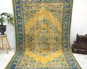 Groot handgemaakt Turks tapijt – antiek wollen tapijt, oversized oosters tapijt, perfect voor boho-woon- of slaapkamerruimtes, 6,9 x 10,9 ft