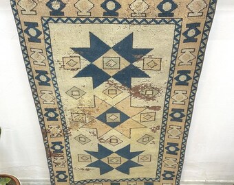 Vintage Turkish Rug 2.9x4.6 ft, Blue Star Geometric Rug, Distressed Anatolian Carpet