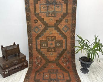 Vintage Oushak Runner Rug, 4.2x9 ft, Turkish Wool Rug