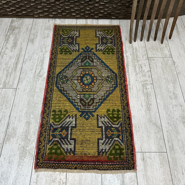 Small Turkish Rug, Vintage Bath Mat, Mini Oushak Rug, Turkish Doormat Rug, Entryway Decor, Outdoor Mat, Small Vintage Rug 1.6x3.2, Boho Rug