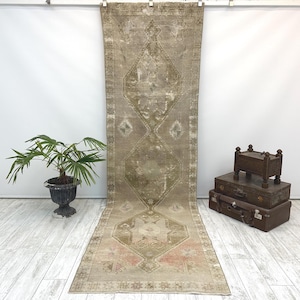 Vintage Turkish Runner Rug | Long Boho Hallway Carpet | Distressed Oriental Runner | Rustic Home Decor, 3.2 x 10.8 ft
