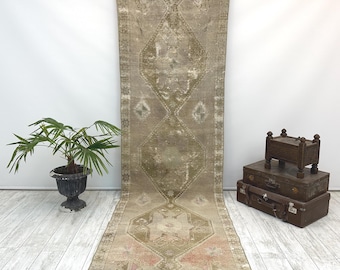 Vintage Turkish Runner Rug | Long Boho Hallway Carpet | Distressed Oriental Runner | Rustic Home Decor, 3.2 x 10.8 ft