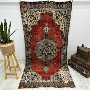 Tappeto turco invecchiato, tappeto vintage, tappeto piccolo, tappeto Area 4x8,2 piedi, tappeto fatto a mano, tappeto turco, tappeto Boho, tappeto di lana, tappeto della fattoria, tappeto da pavimento