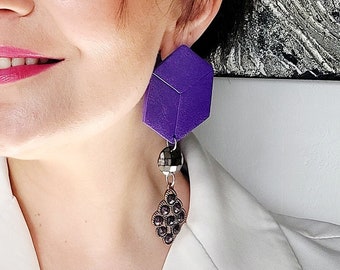 Violet earrings, Purple earrings, Hexagon earrings, Collage graduation gift for her, Statement earrings, Grape earrings, Elegant jewelry