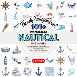 Watercolor Nautical Clipart Bundle - Digital PNG Graphics for Instant Download | Commercial Use | Ocean & Beach Illustrations