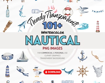 Watercolor Nautical Clipart Bundle - Digital PNG Graphics for Instant Download | Commercial Use | Ocean & Beach Illustrations