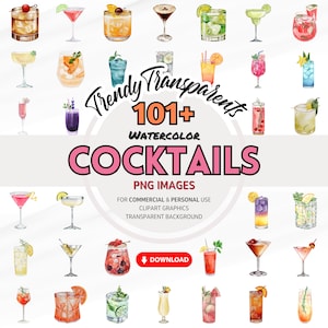 Pacchetto clipart cocktail acquerello - grafica PNG digitale per download istantaneo/uso commerciale/illustrazioni mixology
