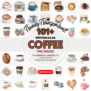 Pacote de clipart de café em aquarela - Gráficos PNG digitais para download instantâneo | Uso comercial | Ilustrações de cafés e cafeterias