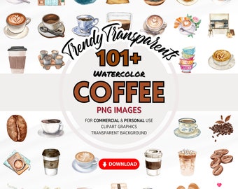 Watercolor Coffee Clipart Bundle - Digital PNG Graphics for Instant Download | Commercial Use | Cafe & Coffee Shop Illustrations