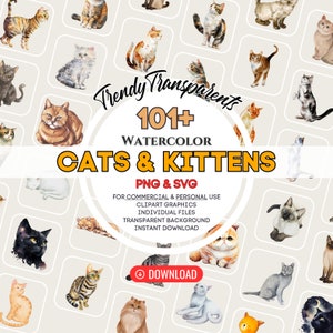Watercolor Cats and Kittens Clipart Bundle - Digital SVG & PNG Graphics for Instant Download | Commercial Use | Cat Illustrations
