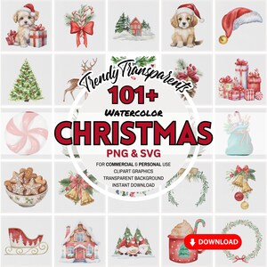 Watercolor Christmas Clipart Bundle - 101+ Digital SVG & PNG Graphics | Commercial Use | Instant Download