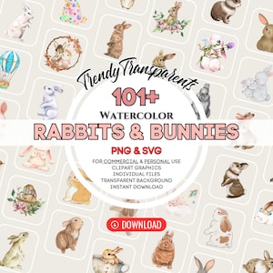 Watercolor Rabbits and Bunnies Clipart Bundle - Digital SVG & PNG Graphics for Instant Download | Commercial Use | Rabbit Illustrations