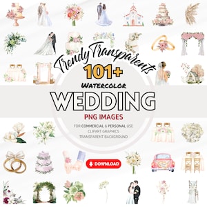 Bundle de cliparts mariage élégant aquarelle - graphiques PNG numériques pour téléchargement immédiat | Utilisation commerciale | Illustrations de mariage