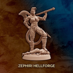 May include: A brown painted miniature figurine of a female warrior with horns, holding a large axe and standing over a smaller figure. The base of the figurine is round and has the text "ZEPHIRI HELLFORGE" printed on it.