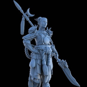 May include: A gray painted miniature figurine of a female warrior holding a spear. She is wearing armor and a long skirt. The figurine is standing on a circular base.