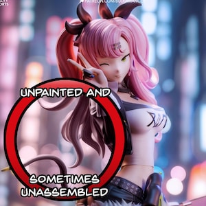 May include: An anime character with pink hair, horns and a black and white outfit. The character is holding a black and yellow object and a black suitcase. The image has the text "UNPAINTED AND SOMETIMES UNASSEMBLED" in a red circle.