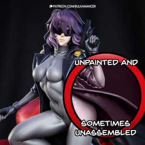 May include: A gray and black figure of a woman in a futuristic outfit, holding a gun. The figure is sitting on a red and black mechanical object. The text "UNPAINTED AND SOMETIMES UNASSEMBLED" is written in a circle around the figure.