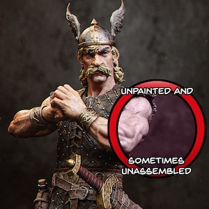 Op de afbeelding: Een gedetailleerd, ongeverfd plastic beeldje van een Viking krijger met een zwaard, schild en bijl. Het beeldje is soms niet gemonteerd.