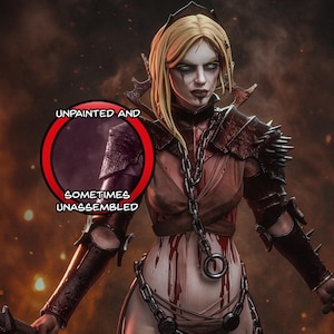 Puede incluir: Figura detallada de una guerrera rubia, con armadura marrón y negra, sosteniendo un arma blanca y una hoz. La figura está sin pintar y, a veces, sin montar. La imagen incluye texto que dice "High-Quality Pre-Supports" y "Sculpted by @Vik3dFigures".