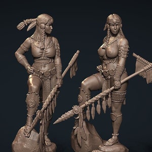 Yona the Bison Huntress 8K D&D/Pathfinder 32mm 75mm miniature NSFW | TTRP Model | Female Warrior | by Clay Demon