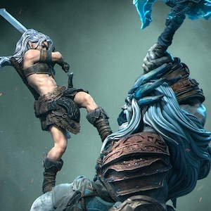 Lia Vs The Giant Diorama 8K D&D/Pathfinder 32mm 75mm 100mm miniature | Model Kit | Elf Barbarian vs Frost Giant | by Nerikson