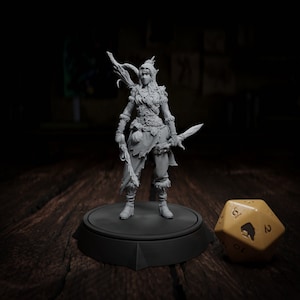 Peut inclure: Figurine grise d'un personnage féminin fantastique, debout sur une base noire. Elle est armée d'une épée et d'un arc. Un grand dé à 20 faces, de couleur beige, est à côté de la figurine.
