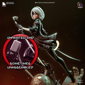 May include: A 3D printed model of a female character from a video game. The model is unpainted and unassembled. The model is posed in a dynamic action pose with a sword in her hand. The model is printed in a grey plastic.