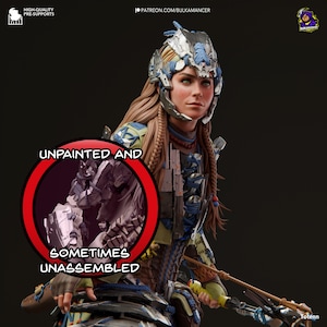 May include: An unpainted and sometimes unassembled 3D printed model of a female character with blue and grey armour, long brown hair, and a bow and arrow. The model is set against a dark background.