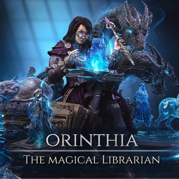 Orinthia the Magical Librarian Diorama 8K D&D/Pathfinder 32mm 75mm 100mm miniature | Figurine | Enchanting Stories | by Nerikson