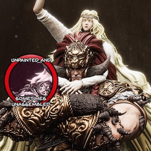 May include: A detailed, unpainted figurine of a warrior with a golden helmet and armour, holding a woman in a white gown. The figurine is labelled "Unpainted and sometimes unassembled".