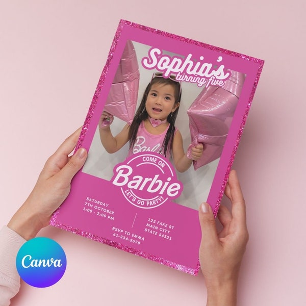 Barbi Inspired Pink Invite with Photo or Picture, Canva Template, Pink Doll Birthday Invitation, Instant Download - Editable