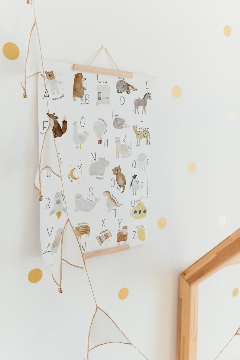 May include: A colorful alphabet poster with illustrations of animals and objects for each letter. The poster is hanging on a white wall with gold polka dots.