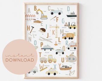 Kinderposter ABC Fahrzeuge GERMAN Download Alphabet Poster zum ausdrucken Sofortdownload digitale Datei Bild Kinderzimmer Poster Lernposter
