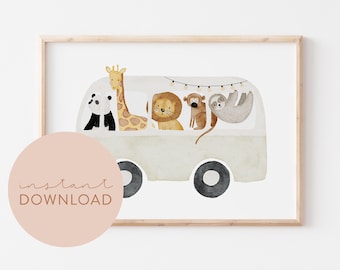 Children's poster jungle bus download poster for printing instant download digital file children's room baby room animal poster safari animals bus