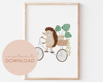 Kinderposter Igel Fahrrad Pflanzen Download Poster zum ausdrucken Sofortdownload digitale Datei Bild Kinderzimmer Wanddeko Babyzimmer Poster