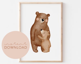 Children's poster bear hug download poster to print out instant download digital file image children's room baby room poster animal poster flowers