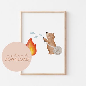 Kinderposter Feuerwehr Bär Download Poster zum ausdrucken Sofortdownload digitale Datei Bild Kinderzimmer Rettungsfahrzeuge Kinder Feuerwehr