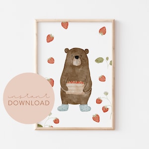 Kinderposter Erdbär mit Korb Download Bär mit Erdbeere Poster zum ausdrucken Sofortdownload digitale Datei Bild Kinderzimmer Babyzimmer