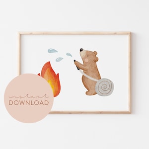 Kinderposter Feuerwehr Bär Download Poster zum ausdrucken Sofortdownload digitale Datei Bild Kinderzimmer Rettungsfahrzeuge Kinder Feuerwehr