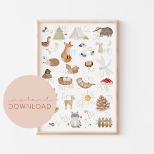 Kinderposter ABC Wald beige GERMAN Download Alphabet Poster zum ausdrucken Sofortdownload digitale Datei Kinderzimmer Babyzimmer Lernposter